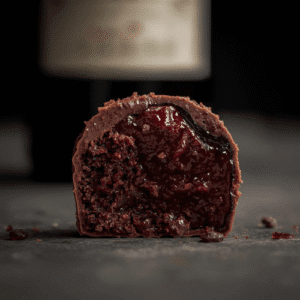 Close-up af en halv mørk chokoladetrøffel, fyldt med portvins-ganache