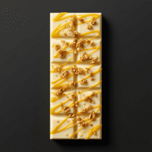 Produktbillede af en plade hvid chokolade med passionsfrugt sirup og sprød krokant