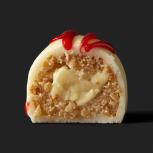 Close-up af en hvid chokoladetrøffel, toppet med jordbær-sirup som drizzle, skåret midt over og viser en lækker cheesecake tekstur som fyld