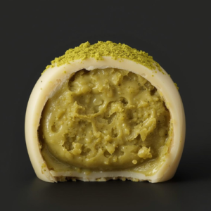 Close-up af en hvid chokoladetrøffel skåret midt over, der viser den bløde fyldige kerne med Matcha creme.